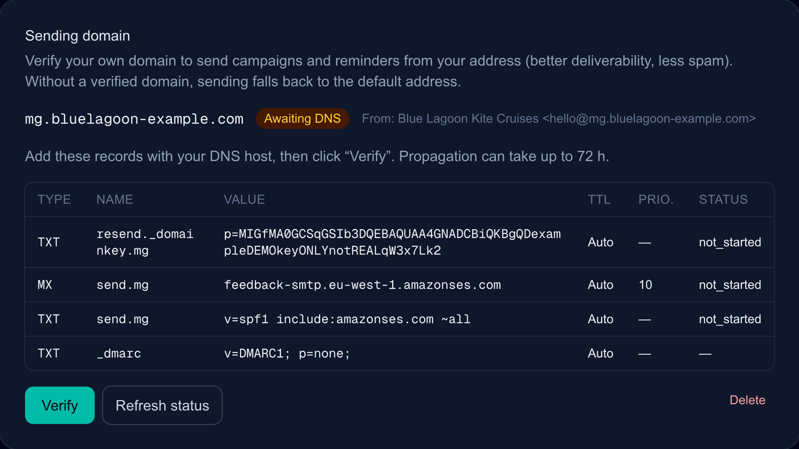 The Sending domain section with the table of DNS records to copy.