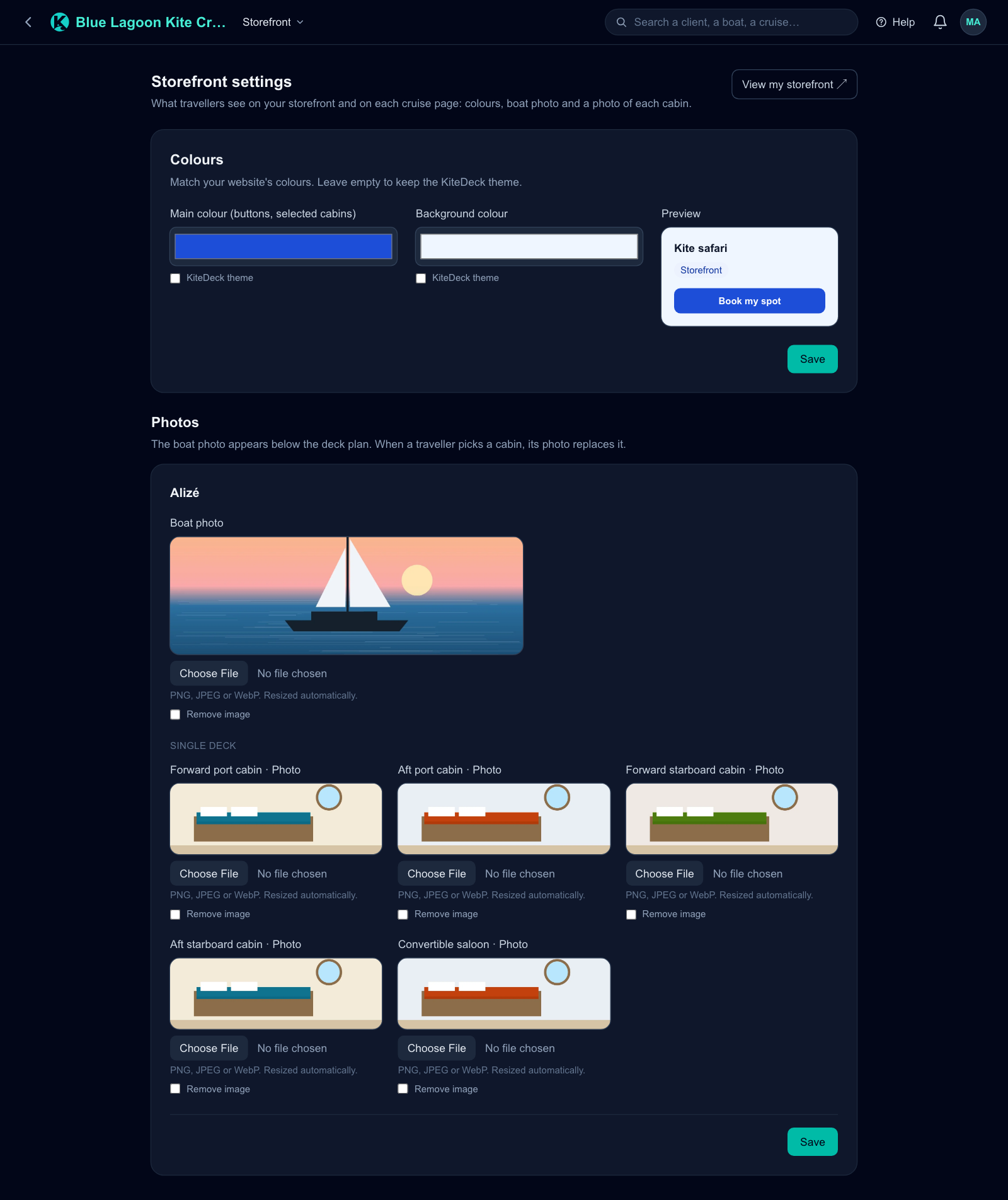 The Storefront settings screen: main and background colours with a live preview, the boat photo and one photo per cabin.